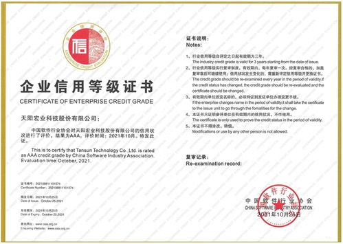 天阳科技获评中国软件行业协会AAA信用评级